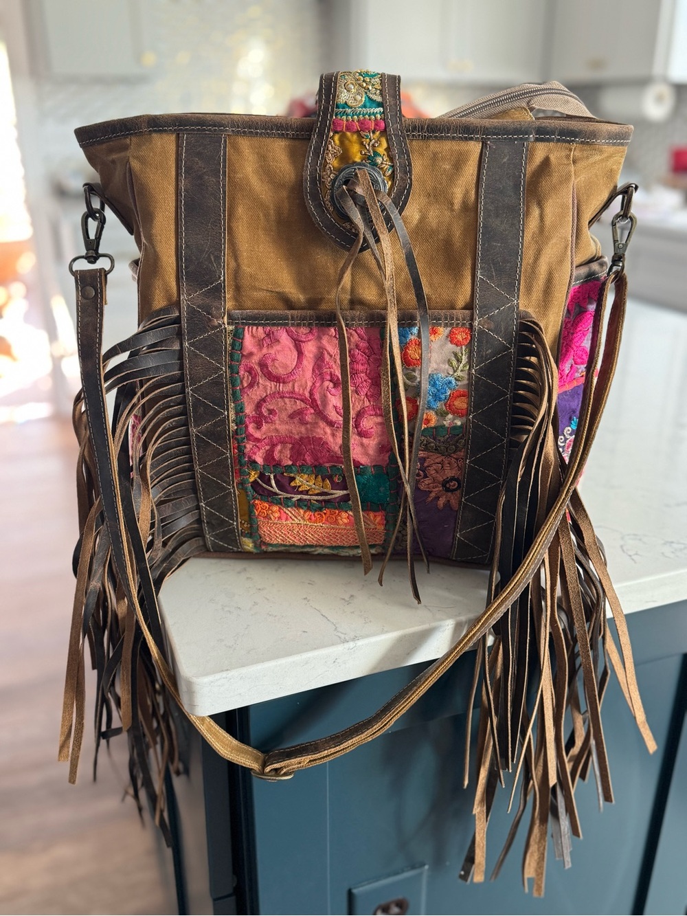 Boho Fringe Patchwork Tote Bag in Brown and Pink